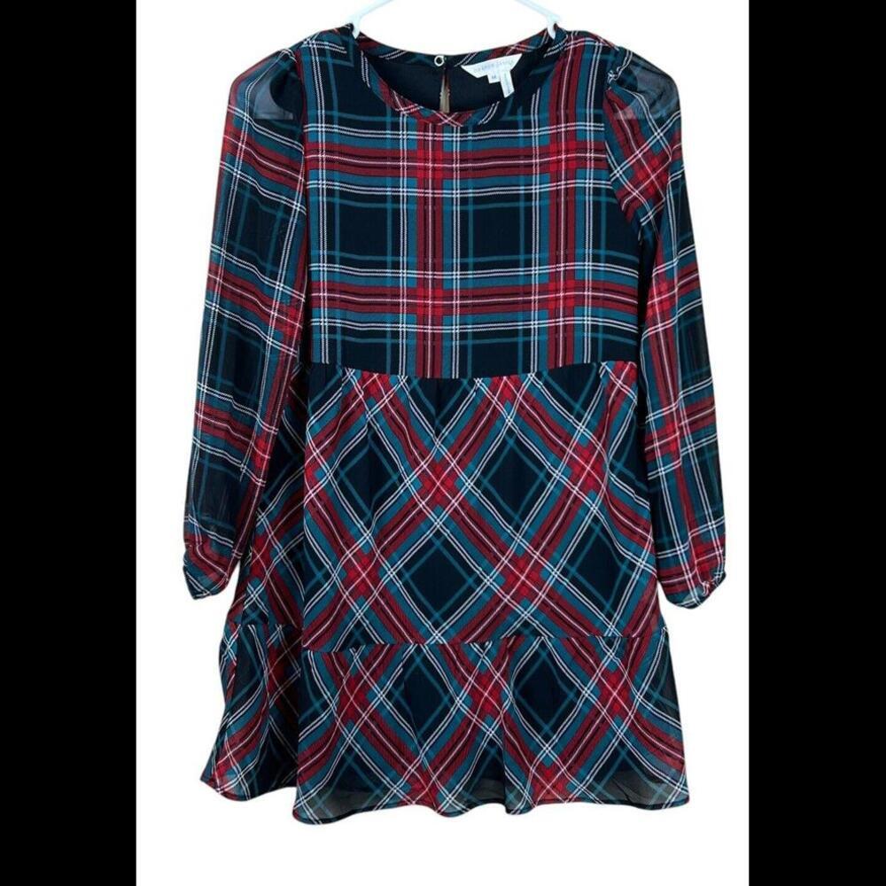 Draper James Dress girls Tartan plaid  chiffon long sleeve size Medium EUC‎